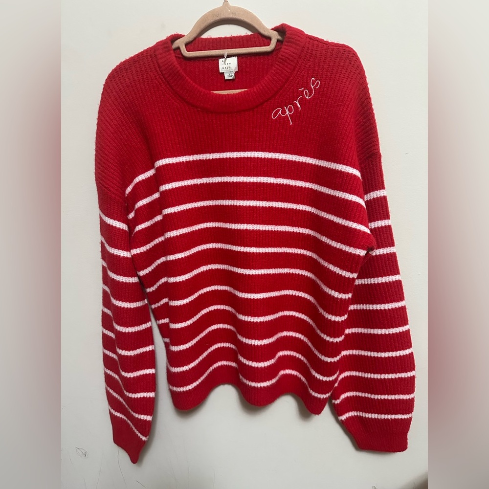 A New Day Red White Striped Knit Sweater “Après” Embroidered L NWOT